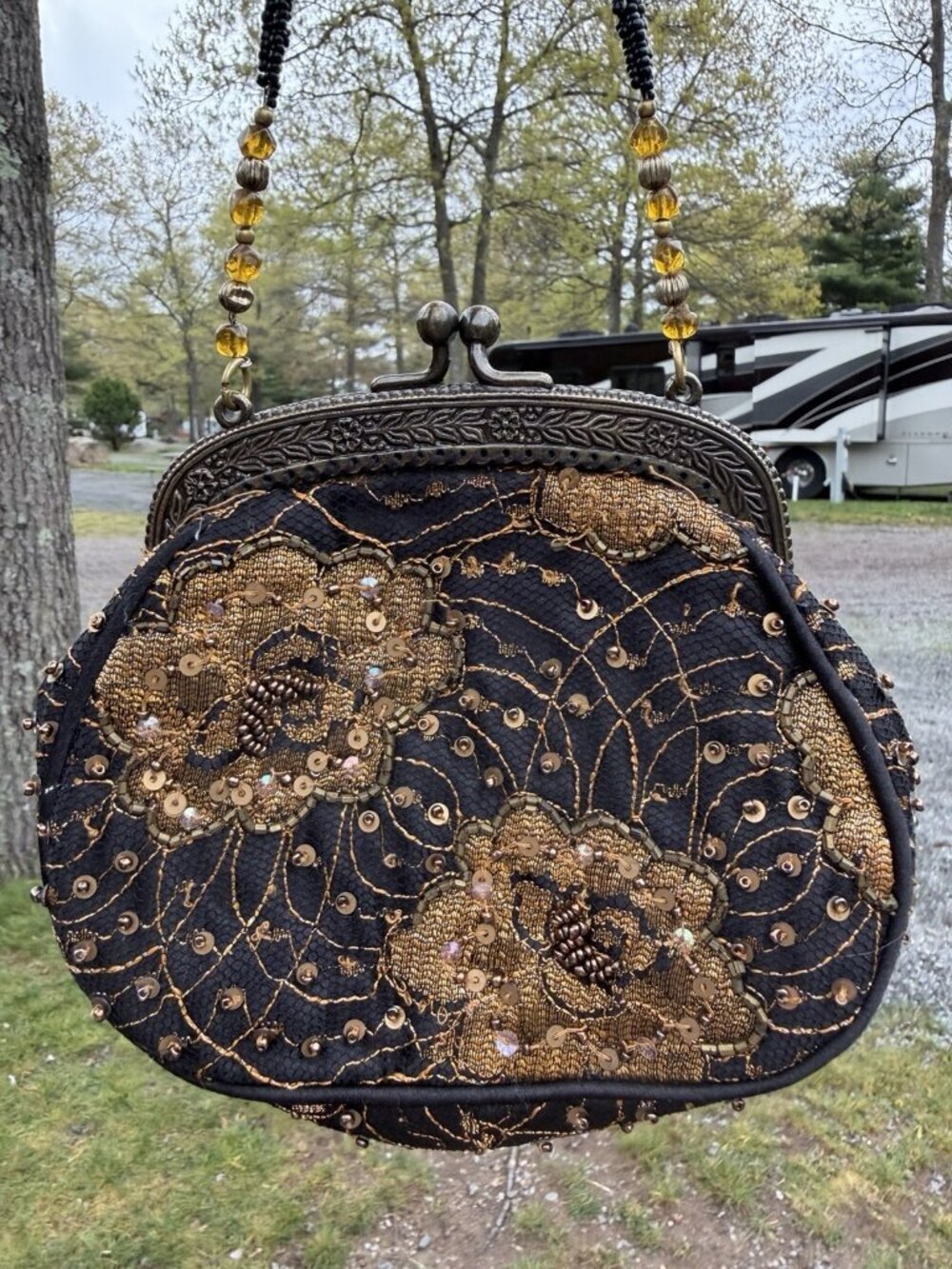 Vintage 80s Christiana black gold whimsigoth beaded sequin evening floral purse